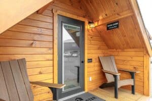 Lancaster Cabins - A-Frame Glamping Pod - Front Door & Porch Furniture